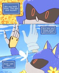 Rule 34 | 1boy, animal ears, arm up, armor, artist name, be random now, black sclera, blue armor, blue sky, bug, butterfly, butterfly wings, cloud, cloudy sky, colored sclera, comic, commentary, day, english commentary, english text, fake animal ears, fake claws, flower, gloves, hedgehog ears, highres, insect, insect wings, looking up, lying, male focus, metal sonic, on back, outdoors, pointy nose, red eyes, robot, sky, solo, sonic (series), white gloves, wings, yellow flower