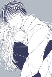 Rule 34 | 1boy, 1girl, closed eyes, collared shirt, commentary request, dutch angle, fullmetal alchemist, greyscale, hair between eyes, hana 930, highres, holding another&#039;s head, hug, light smile, long hair, long sleeves, monochrome, profile, riza hawkeye, roy mustang, shirt, short hair, simple background, sleeping, upper body