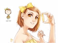 Rule 34 | 1girl, bare arms, blush stickers, bow, brown eyes, brown hair, chibi, closed eyes, collarbone, dress, food, food-themed clothes, freckles, fruit, hair bow, holding, lemon, lemon slice, lemon tart, light brown hair, looking at viewer, meago, original, parted lips, personification, short hair, signature, simple background, sketch, smile, solo, strapless, strapless dress, themed object, upper body, yellow dress, yellow eyes
