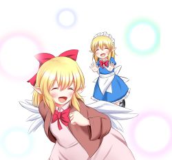 Rule 34 | 2girls, :d, ^ ^, adapted costume, angel wings, apron, back bow, black footwear, blonde hair, blue dress, blush, bow, bowtie, brown jacket, closed eyes, collared dress, commentary request, dress, feathered wings, frilled dress, frills, gengetsu (touhou), hair bow, happy, highres, jacket, long sleeves, maid, maid headdress, mary janes, medium hair, mugetsu (touhou), multiple girls, open mouth, pink dress, pointy ears, r a j c s, red bow, red bowtie, running, shoes, smile, touhou, touhou (pc-98), waist apron, white apron, white wings, wings
