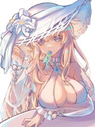 Rule 34 | 1girl, arm on table, bare shoulders, benghuai xueyuan, bikini, blonde hair, blue eyes, braid, breast rest, breasts, character request, check character, cleavage, collarbone, commentary, criss-cross halter, detached sleeves, food, food in mouth, frilled sleeves, frills, halterneck, hand on headwear, hat, highres, honkai (series), idun (benghuai xueyuan), kurokunry, large breasts, large hat, looking at viewer, popsicle, popsicle in mouth, solo, straw hat, swimsuit, symbol-only commentary, table, white bikini, white hat, white sleeves
