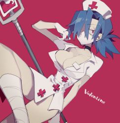 Rule 34 | 1girl, 2016, blue hair, breasts, choker, cleavage, gloves, hair over one eye, hat, higa423, large breasts, latex, latex gloves, leg wrap, mask, mouth mask, nurse cap, ponytail, red background, red eyes, skullgirls, solo, surgical mask, valentine (skullgirls)