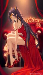 Rule 34 | 1girl, bare arms, bare legs, bare shoulders, black hair, blonde hair, blue eyes, chair, commentary request, dehya (genshin impact), dress, earrings, genshin impact, helloimtea, high heels, highres, jewelry, long hair, looking at viewer, multicolored hair, pointy hair, pumps, red dress, red footwear, shoes, sitting, solo, stiletto heels, strap slip, streaked hair, thighs, very long hair