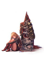 Rule 34 | 1girl, absurdres, blonde hair, boots, doll, fangs, full body, highres, hugging own legs, long hair, long sleeves, looking at viewer, nekojira, open mouth, red riding hood (sinoalice), shiny skin, sinoalice, sitting, skirt, skull, smile, solo, teeth, white background, yellow eyes