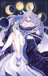Rule 34 | 1girl, absurdres, animal ear fluff, animal ears, azur lane, bare shoulders, blue butterfly, blue choker, blue eyes, blue kimono, breasts, bug, butterfly, choker, fox ears, full body, hair between eyes, highres, huge filesize, insect, japanese clothes, kimono, kitsune, kive, large breasts, long hair, moon, multiple tails, off shoulder, shinano (azur lane), solo, tail, thighhighs, very long hair, white hair, white tail, white thighhighs, wide sleeves