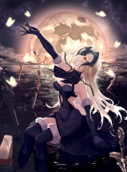 Rule 34 | 1girl, absurdres, arm support, arm up, black gloves, black thighhighs, blonde hair, brown eyes, bug, butterfly, chain, elbow gloves, fate/grand order, fate (series), gloves, highres, insect, jeanne d&#039;arc (fate), jeanne d&#039;arc alter (avenger) (fate), jeanne d&#039;arc alter (avenger) (third ascension) (fate), jeanne d&#039;arc alter (fate), long hair, looking away, looking up, moon, mute fanta855, over-kneehighs, parted lips, sitting, solo, sword, thighhighs, water, weapon