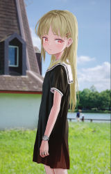 Rule 34 | 1girl, absurdres, bad id, bad twitter id, black dress, blonde hair, blue sky, blurry, bright pupils, closed mouth, cowboy shot, day, depth of field, dress, from side, gishiki (gshk), hair ornament, hairclip, highres, long hair, looking at viewer, looking to the side, original, outdoors, photo background, red eyes, sailor collar, sailor dress, short sleeves, sky, smile, solo, standing, watch, white pupils, white sailor collar, wristwatch