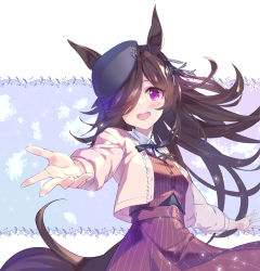 Rule 34 | 1girl, animal ears, belt, belt buckle, black ribbon, blush, brown hair, buckle, cowboy shot, cropped jacket, eighth note, floating hair, hair over one eye, highres, horse ears, horse girl, horse tail, jacket, kuro work, long hair, long sleeves, looking at viewer, musical note, neck ribbon, open mouth, outstretched arm, pink jacket, purple eyes, reaching, reaching towards viewer, red vest, ribbon, rice shower (umamusume), skirt, solo, tail, teeth, umamusume, upper teeth only, vest