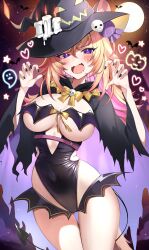 1girl absurdres alternate_costume animal_ears bat_(animal) bikini black_hat black_leotard black_nails blonde_hair blush breasts cat_ears cleavage demon_tail fangs gawawawa hat heart heart-shaped_pupils highres large_breasts leotard looking_at_viewer nail_polish open_mouth poma_pon_(v4mirai) purple_eyes skin_fangs smile solo swimsuit symbol-shaped_pupils tail v4mirai virtual_youtuber