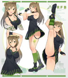 Rule 34 | 1girl, :d, alternate breast size, arm up, armpits, arms up, ass, asymmetrical legwear, black dress, black gloves, black panties, brown hair, character name, choker, ddal, double bun, dress, fingerless gloves, fishnets, girls&#039; frontline, gloves, green eyes, hair between eyes, hair bun, highres, impossible clothes, impossible dress, kneehighs, leg lift, long hair, looking at viewer, mismatched legwear, multiple views, open mouth, panties, parted lips, revision, rfb (girls&#039; frontline), short dress, smile, socks, split, standing, standing on one leg, stretching, striped clothes, striped socks, sweat, thighs, underwear, vertical-striped clothes, vertical-striped socks
