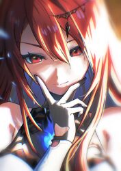 1girl bare_shoulders black_gloves blue_fire blue_hair closed_mouth colored_inner_hair elizabeth_rose_bloodflame elizabeth_rose_bloodflame_(1st_costume) fire gloves hair_between_eyes hand_on_own_face highres hololive hololive_english long_hair looking_at_viewer multicolored_hair red_eyes red_hair smile solo upper_body varsien virtual_youtuber