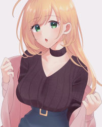 Rule 34 | 1girl, :o, ahoge, black sweater, blonde hair, blush, breasts, choker, clothes pull, green eyes, idolmaster, idolmaster cinderella girls, jacket, jacket pull, kia (53y), large breasts, long sleeves, looking at viewer, pink jacket, sato shin, simple background, solo, sweater, upper body, v-neck, white background