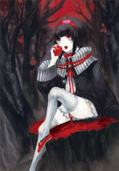 Rule 34 | 1girl, apple, bad id, bad pixiv id, black hair, blunt bangs, bow, bowtie, flower, food, forest, frills, fruit, hairband, holding, holding food, holding fruit, jacket, kunimura hakushi, looking at viewer, nature, open mouth, pale skin, red eyes, red flower, red footwear, red rose, red sky, ribbon, rose, shoes, short hair, sitting, skirt, sky, solo, striped clothes, striped thighhighs, thighhighs, tree stump, vertical-striped clothes, vertical-striped thighhighs, zettai ryouiki