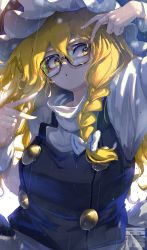 Rule 34 | 1girl, :o, black vest, blonde hair, bow, braid, frilled hat, frills, glasses, hair bow, hat, highres, kashu (hizake), kirisame marisa, long hair, long sleeves, looking to the side, rain, shadow, shirt, signature, solo, touhou, upper body, vest, watermark, white background, white bow, white shirt, yellow eyes