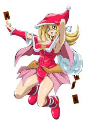 Rule 34 | 1girl, adapted costume, arms up, bare legs, blonde hair, boots, breasts, card (medium), christmas, curvy, dark magician girl, full body, green eyes, hair between eyes, hat, highres, large breasts, long hair, looking away, magical girl, open mouth, red hat, santa hat, shiny clothes, shiny skin, simple background, skirt, smile, solo, straw (yokubou hiroba), white background, yu-gi-oh!, yu-gi-oh! duel monsters