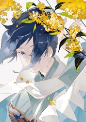 Rule 34 | 1boy, blue eyes, blue hair, closed mouth, flower, flower request, hair over one eye, kuri (cutsnake0805), long sleeves, looking at viewer, male focus, simple background, touken ranbu, traditional clothes, white background, wide sleeves, yamato-no-kami yasusada