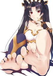 Rule 34 | 1girl, absurdres, anklet, armlet, asymmetrical legwear, asymmetrical sleeves, bare legs, barefoot, detached collar, earrings, elbow gloves, fate/grand order, fate (series), feet, foot focus, foreshortening, gloves, highres, hoop earrings, ishtar (fate), jewelry, legs, long hair, looking at viewer, neck ring, no shoes, otono fei, single elbow glove, single thighhigh, sitting, soles, solo, thighhighs, tiara, toeless legwear, toenails, toes, uneven legwear, uneven sleeves