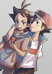 Rule 34 | 2boys, ajc, antenna hair, arm around shoulder, ash ketchum, bad id, bad twitter id, baseball cap, black hair, brown hair, brown pants, closed mouth, commentary request, creatures (company), eyelashes, game freak, goh (pokemon), grey background, grey eyes, grey shirt, hair between eyes, hand in pocket, hand up, hat, highres, holding, holding poke ball, male focus, multiple boys, nintendo, pants, poke ball, pokemon, pokemon (anime), pokemon journeys, shirt, short hair, short sleeves, sleeveless, sleeveless jacket, smile, t-shirt, white shirt