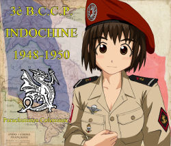 Rule 34 | 1girl, ayase fuuka, badge, beret, blush, breasts, brown eyes, brown hair, dragon, epaulettes, eyebrows, first indochina war, france, french flag, french text, hat, large breasts, looking at viewer, military, military uniform, original, portrait, short hair, smile, soldier, solo, thick eyebrows, tiger monta, uniform, upper body, vietnam, yotsubato!