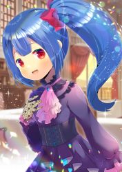 Rule 34 | 1girl, :d, blue hair, blurry, blurry background, blush, bow, commentary request, curtains, depth of field, dress, gloves, hair bow, hand up, indoors, kou hiyoyo, long hair, long sleeves, looking at viewer, open mouth, original, pink neckwear, puffy long sleeves, puffy sleeves, purple dress, red bow, red eyes, side ponytail, sidelocks, smile, solo, window