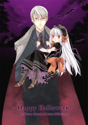 Rule 34 | 1boy, 1girl, albino, bat (animal), boots, bow, carrying, demon wings, dress, formal, goth fashion, hairband, halloween, hands on another&#039;s chest, happy halloween, kirino kasumu, long coat, long hair, looking at viewer, necktie, night, original, princess carry, puffy sleeves, red eyes, short hair, size difference, sky, suit, very long hair, white hair, wings