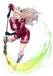 Rule 34 | 00s, 1girl, blonde hair, blue eyes, bodysuit, breasts, eliza perlman, female focus, full body, highres, huge breasts, kangoku academia, kangoku senkan, latex, latex suit, lilith-soft, long hair, looking at viewer, naginata, parted lips, polearm, prison academia, shiny skin, sian, smile, solo, standing, transparent background, weapon