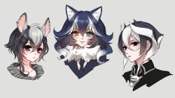 Rule 34 | 10s, 3girls, animal ears, black eyes, black hair, character request, color connection, copyright request, crossover, ear piercing, fur collar, grey background, grey wolf (kemono friends), hair between eyes, hair color connection, hair ornament, hairclip, heterochromia, kemono friends, long hair, looking at viewer, made in abyss, mamaloni, multicolored hair, multiple girls, necktie, ozen, piercing, purple eyes, short hair, show by rock!!, simple background, smile, streaked hair, two-tone hair, white hair, wolf ears, yellow eyes