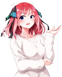 Rule 34 | 1girl, alternate hair length, alternate hairstyle, blue eyes, breasts, collarbone, commentary request, fingernails, fuu (fuore), go-toubun no hanayome, hair ribbon, highres, long sleeves, looking at viewer, medium breasts, medium hair, nail polish, nakano nino, open mouth, pink hair, ribbon, simple background, smile, solo, sweater, upper body, white background, white sweater