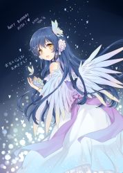 Rule 34 | 10s, 1girl, :d, angel wings, bad id, bad pixiv id, blue hair, bug, butterfly, butterfly hair ornament, commentary request, dress, feathered wings, flower, hair flower, hair ornament, happy birthday, holding, holding flower, insect, long hair, looking at viewer, looking back, love live!, love live! school idol festival, love live! school idol project, open mouth, sash, smile, solo, sonoda umi, ten-chan (eternal s), wings, wristband, x hair ornament, yellow eyes