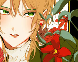 Rule 34 | 1boy, aoi ao, blonde hair, close-up, cube, flower, flower request, green eyes, hair between eyes, looking at viewer, male focus, mole, mole under eye, nose, nostrils, original, parted lips, red flower, short hair, solo, sweater, tagme, teeth, turtleneck, turtleneck sweater, white sweater