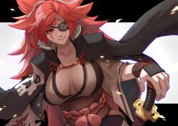 Rule 34 | 1girl, absurdres, amputee, baiken, big hair, black jacket, black kimono, breasts, cleavage, eyepatch, facial tattoo, guilty gear, guilty gear strive, highres, jacket, jacket on shoulders, japanese clothes, kataginu, katana, kimono, large breasts, long hair, long sleeves, looking at viewer, multicolored clothes, multicolored kimono, one-eyed, ponytail, punikiman, red eyes, red hair, samurai, scar, scar across eye, smile, solo, sword, tattoo, torn sleeve, weapon, white kimono