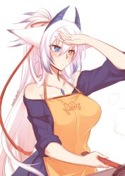 Rule 34 | 1girl, animal ears, apron, artist name, bare shoulders, blue eyes, breasts, collarbone, cooking, dated, dragon horns, dragon tail, female focus, fox ears, frying pan, heterochromia, horns, image sample, konshin, large breasts, long hair, orange eyes, orie hakua, pixiv fantasia, pixiv fantasia new world, ponytail, signature, sleeves rolled up, solo, sweater, tail, very long hair, white background, white hair, wiping forehead