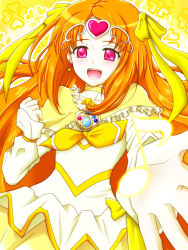 Rule 34 | 10s, 1girl, :d, bad id, bad pixiv id, bow, brooch, choker, circlet, cure muse, cure muse (yellow), hair ribbon, happy, heart, jewelry, long hair, magical girl, musical note, open mouth, orange hair, outstretched hand, pink eyes, precure, ribbon, shirabe ako, smile, solo, suite precure, tashigai, yellow bow, yellow theme