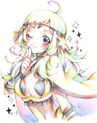 Rule 34 | 1girl, ahoge, blonde hair, bodystocking, breasts, cape, circlet, closed mouth, colored pencil (medium), covered navel, fire emblem, fire emblem fates, grey eyes, long hair, looking at viewer, medium breasts, nintendo, one eye closed, ophelia (fire emblem), ruku (ruku 5050), traditional media, white background