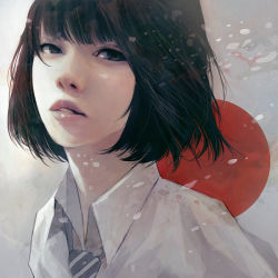 Rule 34 | 1girl, black eyes, black hair, blouse, blue necktie, blunt bangs, bob cut, collared shirt, expressionless, japanese flag, lips, looking at viewer, necktie, parted lips, realistic, shirt, short hair, solo, striped necktie, striped neckwear, upper body, wataboku, white shirt