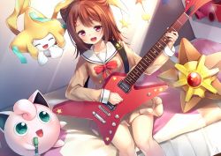 Rule 34 | 1girl, :d, aqua eyes, bang dream!, bed, brown dress, brown hair, chiyonekoko, commentary request, creatures (company), crossover, dress, electric guitar, game freak, gen 1 pokemon, gen 3 pokemon, guitar, hair ornament, hanasakigawa school uniform, holding, holding microphone, instrument, jigglypuff, jirachi, legendary pokemon, long sleeves, medium hair, microphone, music, mythical pokemon, neck ribbon, nintendo, on bed, open mouth, pillow, playing instrument, pokemon, pokemon (creature), purple eyes, red neckwear, ribbon, sailor collar, sailor dress, school uniform, sitting, smile, star (symbol), star hair ornament, staryu, stuffed animal, stuffed toy, toyama kasumi, white sailor collar
