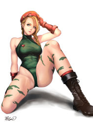 Rule 34 | 1girl, arm support, bad id, bad pixiv id, beret, blonde hair, blue eyes, bodypaint, boots, braid, breasts, cameltoe, cammy white, camouflage, combat boots, covered erect nipples, fingerless gloves, gloves, hat, highres, jun jun, leotard, lips, long hair, looking at viewer, nose, on one knee, parted lips, realistic, scar, solo, spread legs, street fighter, tattoo, taut clothes, thong leotard, turtleneck, twin braids