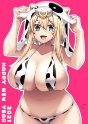 Rule 34 | 1girl, 2021, animal ears, animal print, belly, bikini, blonde hair, blush, breasts, cleavage, collarbone, commentary request, cow ears, cow hood, cow horns, cow print, curvy, green eyes, hair between eyes, happy new year, highres, horns, huge breasts, large breasts, long hair, looking at viewer, muffin top, navel, new year, open mouth, original, pink background, plump, skindentation, smile, solo, suzuki nene, swimsuit, thick thighs, thighs, wide hips