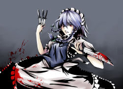 Rule 34 | &gt;:d, 1girl, :d, apron, artist name, between fingers, blood, blood on clothes, blood splatter, bloody knife, blue dress, braid, clenched teeth, collar, cowboy shot, dress, eyebrows, frills, green ribbon, grey background, hair ribbon, holding, holding knife, izayoi sakuya, knife, knives between fingers, looking at viewer, maid, maid apron, maid headdress, mochi (chain csn), open mouth, red eyes, ribbon, short hair, short sleeves, silver hair, simple background, smile, solo, teeth, touhou, twin braids, v-shaped eyebrows
