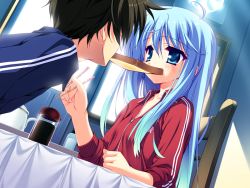 Rule 34 | 1boy, 1girl, blue eyes, blue hair, bread slice, chopsticks, eating, food, food in mouth, game cg, jacket, katsuragi kotori, mouth hold, munyuu, purely (game), sleeves pushed up, solo focus, toast, toast in mouth, track jacket