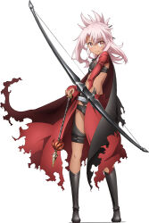 Rule 34 | 1girl, arrow (projectile), black footwear, boots, bow (weapon), chloe von einzbern, cloak, closed mouth, dark-skinned female, dark skin, fate/kaleid liner prisma illya, fate (series), female focus, full body, hair between eyes, holding, holding arrow, holding bow (weapon), holding weapon, long hair, long sleeves, midriff, official art, pink hair, red cloak, simple background, solo, standing, straight hair, thighs, weapon, white background