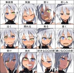 Rule 34 | 1girl, angry, blue eyes, blush, chart, expressions, closed eyes, gloves, grin, hati (shirow), heterochromia, looking at viewer, multiple views, original, shirow (crazy), silver hair, sleeveless, smile, sweat, tears, teeth, yellow eyes