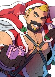 Rule 34 | 1boy, armor, bara, bare pectorals, beard, black hair, blonde hair, body hair, box, brown gloves, capelet, chest harness, crave saga, facial hair, fur-trimmed capelet, fur trim, gift, gift box, gloves, grin, harness, hat, holding, holding sack, incoming gift, large pectorals, male focus, masa (mshk s), mistletoe, multicolored hair, mustache, nipples, noche (crave saga), official alternate costume, old, old man, one eye closed, open clothes, orange eyes, pectorals, red capelet, sack, santa costume, santa hat, short hair, shoulder armor, smile, solo, strongman waist, thick beard, thick eyebrows, thick mustache, two-tone hair