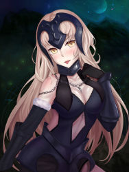Rule 34 | 1girl, argyle, argyle clothes, argyle cutout, black gloves, blonde hair, blush, breasts, chain, cleavage, clothing cutout, collarbone, elbow gloves, fate/grand order, fate (series), gloves, head tilt, highres, jeanne d&#039;arc (fate), jeanne d&#039;arc alter (avenger) (fate), jeanne d&#039;arc alter (avenger) (third ascension) (fate), jeanne d&#039;arc alter (fate), large breasts, long hair, looking at viewer, moon, navel cutout, night, outdoors, senyo (pixiv19954875), solo, tongue, tongue out, very long hair, yellow eyes