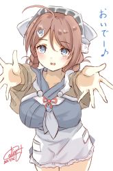 Rule 34 | 1girl, apron, bandana, blue sailor collar, blue skirt, blush, braid, braided hair rings, brown hair, calin, chougei (kancolle), dated, grey eyes, hair between eyes, hair rings, headgear, highres, kantai collection, long hair, neckerchief, one-hour drawing challenge, open mouth, outstretched arms, pleated skirt, red ribbon, ribbon, sailor collar, school uniform, serafuku, shawl, signature, simple background, skirt, solo, twin braids, uniform, waist apron, white apron, white background, white neckerchief