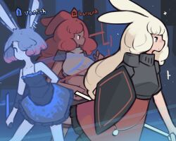 Rule 34 | 3girls, animal ears, armor, assassin rabbit, aura, black camisole, black skirt, blonde hair, blue eyes, blue skirt, breastplate, breasts, bruiser rabbit, camisole, closed mouth, colored skin, commentary, cowboy shot, dagger, defender rabbit, earrings, english commentary, expressionless, floppy ears, fluffy hair, frilled skirt, frills, grey hair, highres, holding, holding dagger, holding knife, holding polearm, holding shield, holding weapon, jewelry, knife, large breasts, long hair, looking afar, looking to the side, medium bangs, mino dev, multicolored hair, multicolored skin, multiple girls, pauldrons, pink hair, polearm, rabbit and steel, rabbit ears, rabbit girl, red eyes, red hair, shield, shoulder armor, skirt, two-tone hair, two-tone skin, weapon, yellow eyes