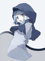 Rule 34 | 1girl, black eyes, blue hair, blue hood, blush, bright pupils, colored skin, commentary, cookie (touhou), cropped torso, dress, flour (cookie), from behind, grey background, grey dress, hood, hood up, kumoi ichirin, looking at viewer, looking back, nnuesuki, open mouth, parted bangs, short hair, solo, touhou, upper body, white pupils, white skin
