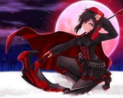 Rule 34 | 1girl, artist request, black hair, boots, breasts, cape, cloak, corset, cross, cross-laced footwear, dress, full moon, grey eyes, highres, hood, hooded cloak, lace-up boots, moon, pantyhose, red cape, ruby rose, rwby, scythe, short hair, skirt, solo