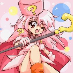 Rule 34 | 1girl, :d, :p, ?, bad id, bad pixiv id, benesse, bow, brown eyes, cape, dress, fang, gloves, happy, hat, hatena yousei, long hair, lowres, oekaki, open mouth, pink hair, pink hat, ribbon, shoes, smile, solo, tongue, tongue out, wand, zipang (zip@ng works)