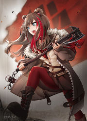 Rule 34 | 1girl, animal ears, arknights, ashes, axe, bad id, bad pixiv id, bear ears, belt, belt buckle, black skirt, blue eyes, blurry, blurry background, boots, brown hair, buckle, chain, choker, coat, commentary request, eyes visible through hair, fangs, flag, full body, fur trim, highres, holding, holding axe, holding weapon, long hair, long sleeves, miniskirt, neckerchief, open mouth, pantyhose, pleated skirt, red hair, red neckerchief, red pantyhose, sailor collar, school uniform, signature, skirt, smile, solo, stepping, translucent hair, walking, weapon, yokaze (yokajie), zima (arknights)